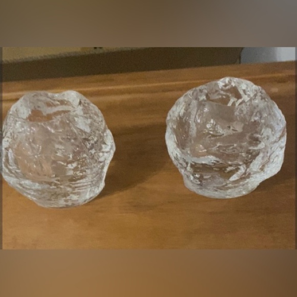 Pair of Glass Snowball‎ Tea Light Holders Unmarked Appear to Be from Kosta Boda